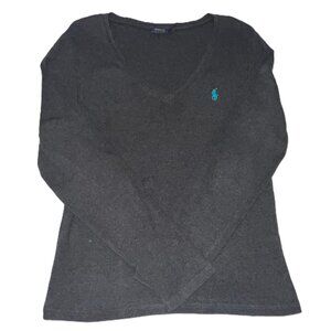 Classic Preppy Casual Polo Ralph Lauren Gray V-Neck Sweater Blue Pony Women's XL